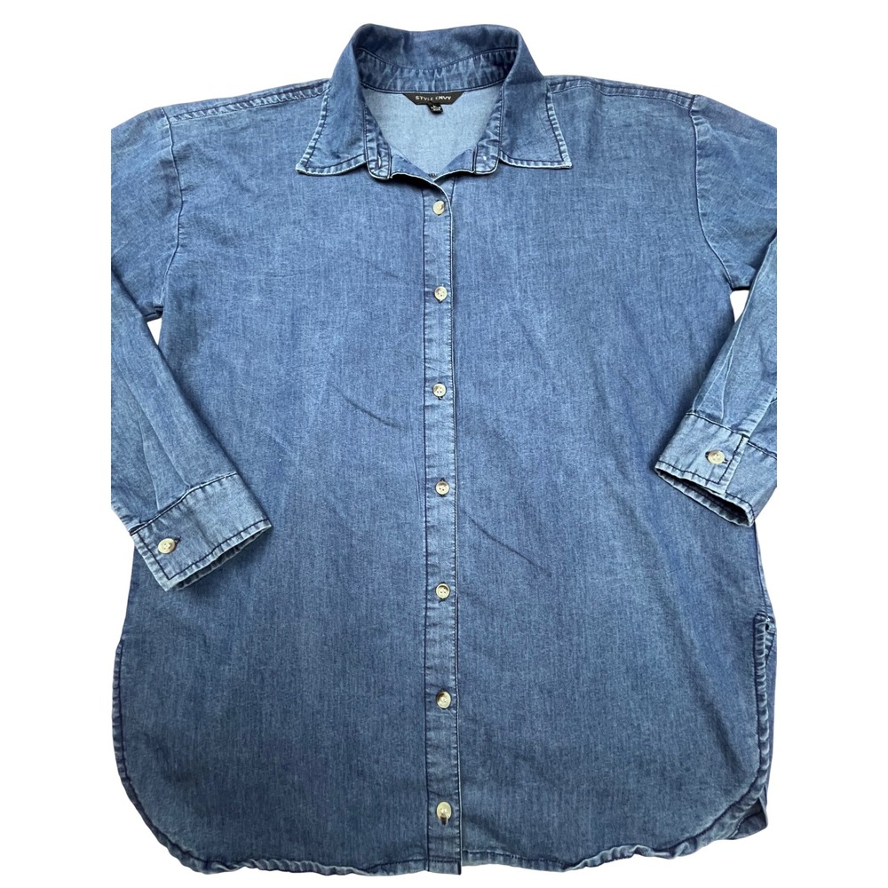 Style Envy Womens Blue Denim Button Down Shirt Long Sleeve 100% Cotton Large L